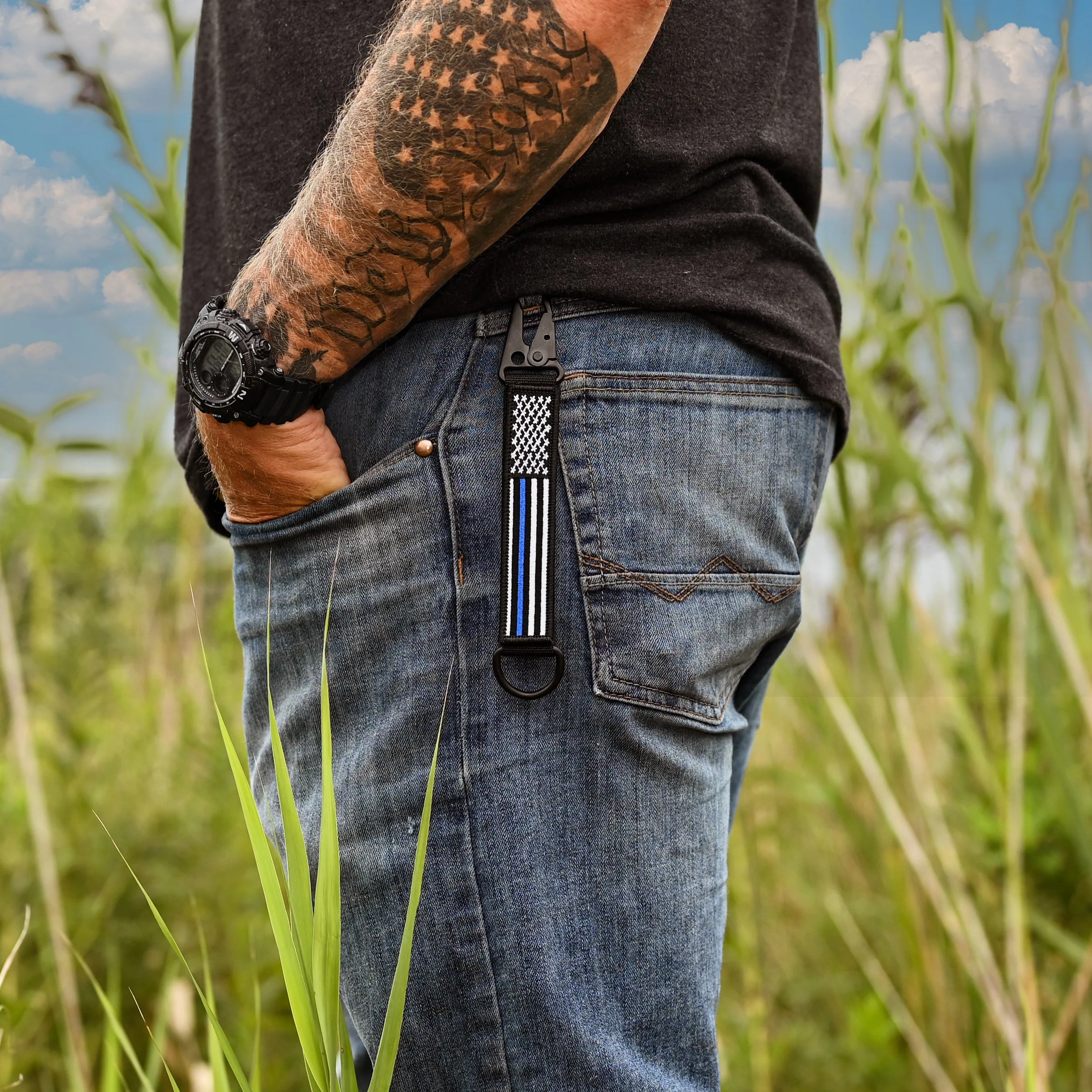 American Made Heavy Duty Tactical Keychain - Thin Blue Line - Image 3