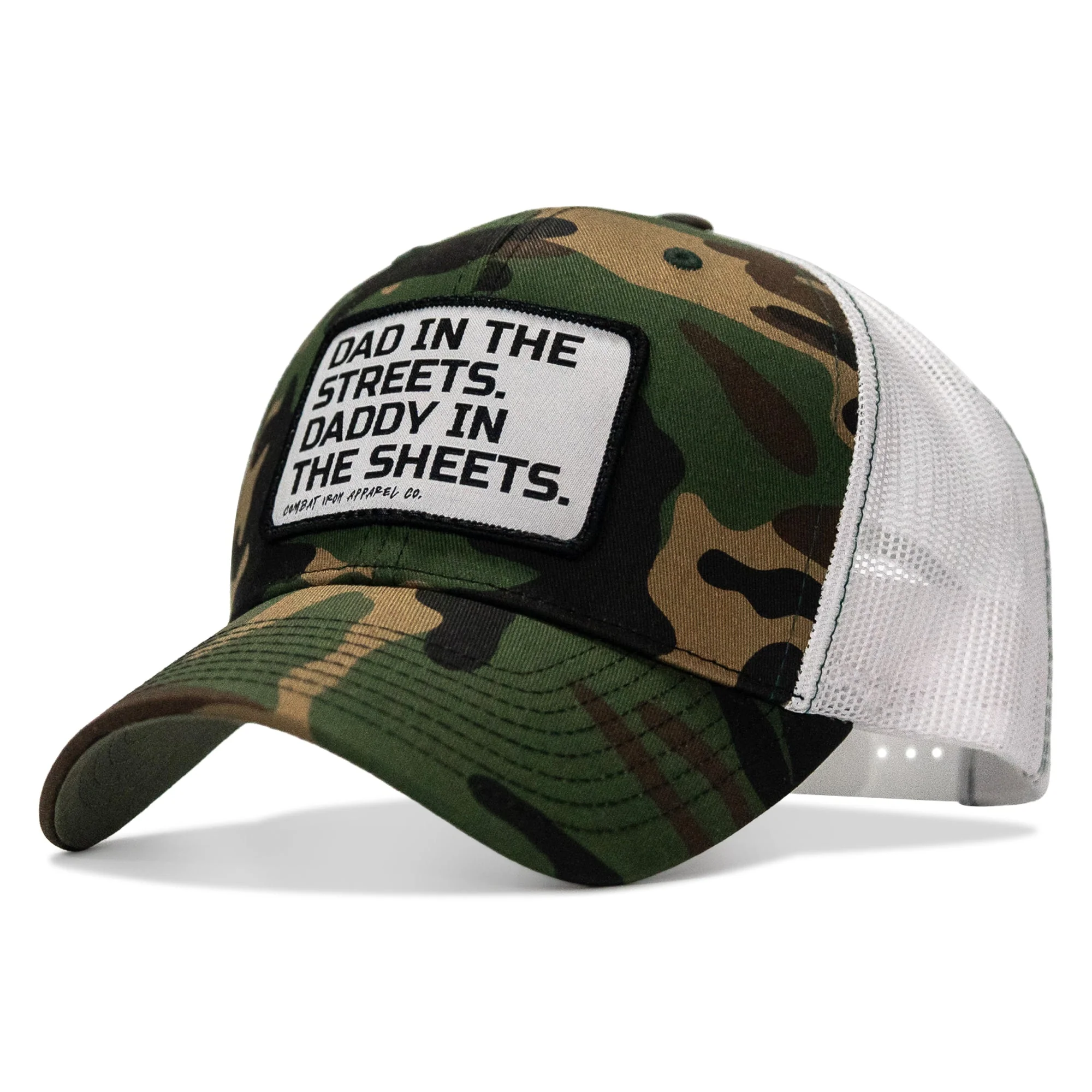 Dad In The Streets. Daddy In The Sheets. White Patch Snapback Hat - Image 4