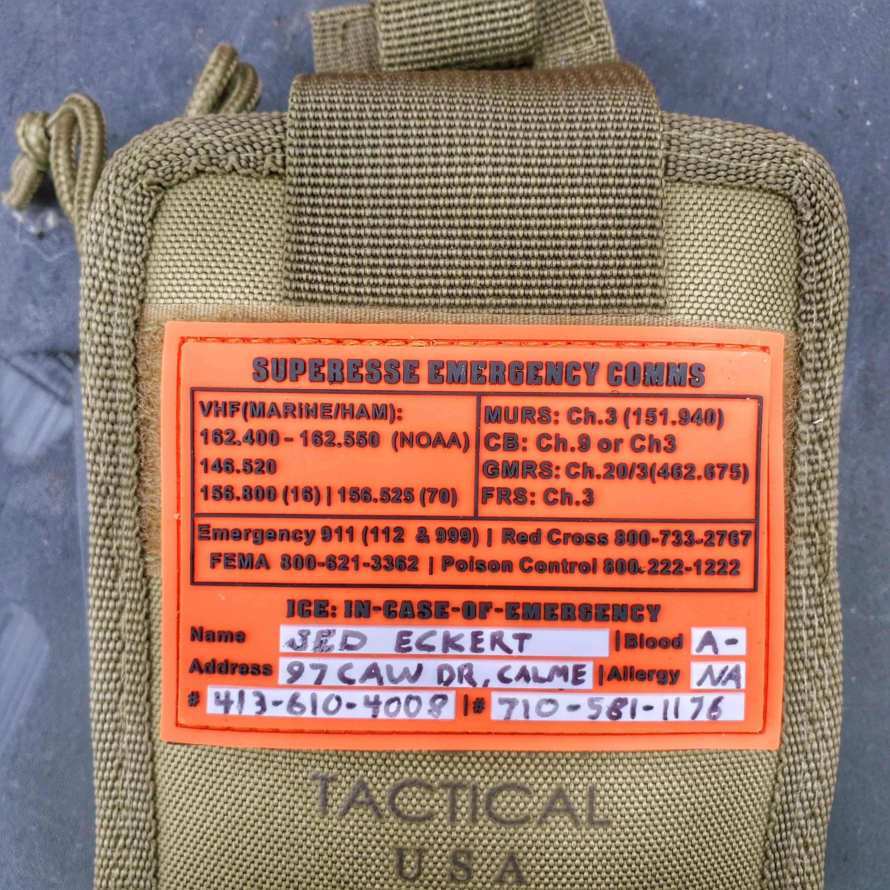Storage Pocket Patch: Emergency Comms with Radio Frequency/Channel and Telephone Contact Numbers, ICE Card - Image 5