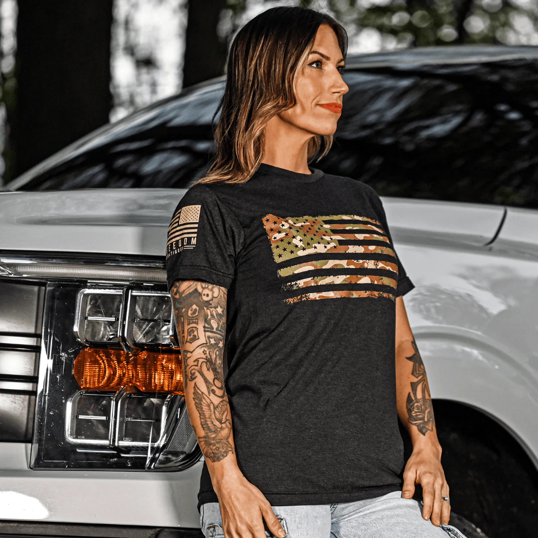 Women's Camo American Flag Boyfriend Fit Patriotic T-Shirt - Image 3