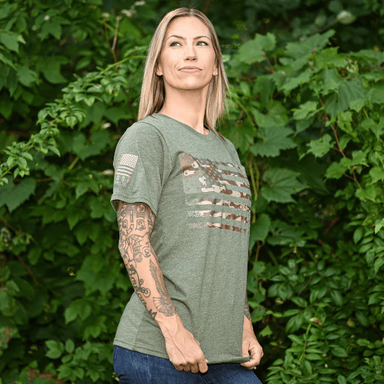 Women's Camo American Flag Patriotic Boyfriend Fit T-Shirt (Army Green) - Image 4
