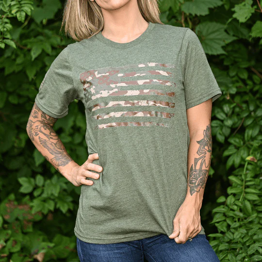 Women's Camo American Flag Patriotic Boyfriend Fit T-Shirt (Army Green) - Image 5