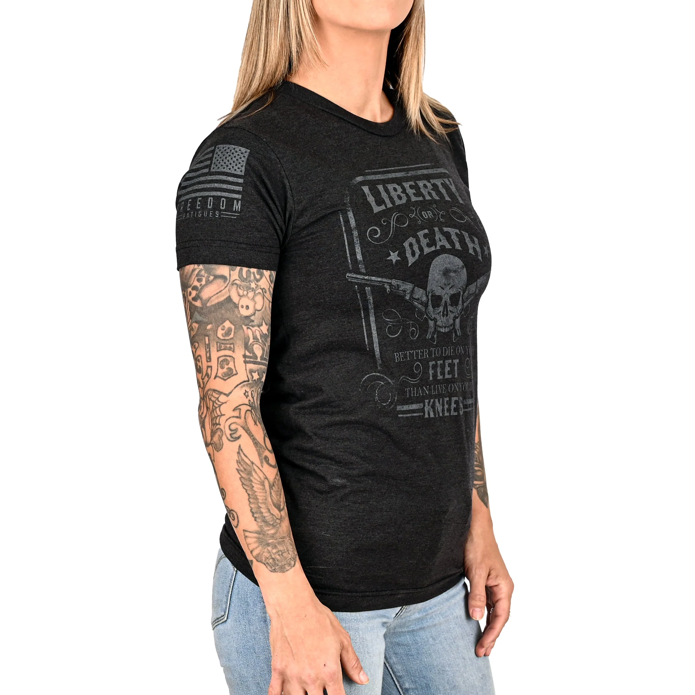 Women's Liberty or Death Patriotic Boyfriend Fit T-Shirt (Black on Black) - Image 3