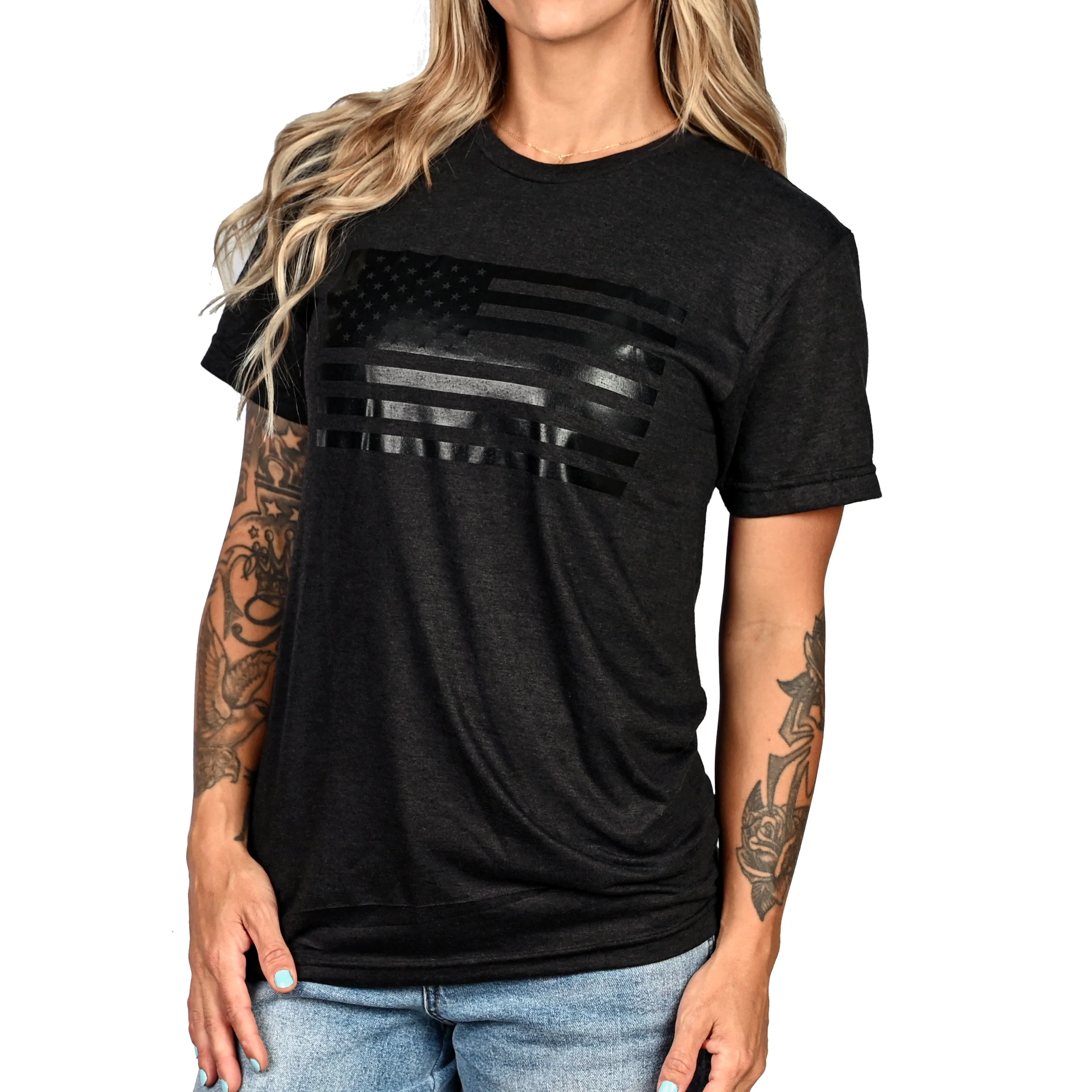 Women's Murdered Out American Flag Boyfriend Fit Patriotic T-Shirt - Heather Black - Image 3